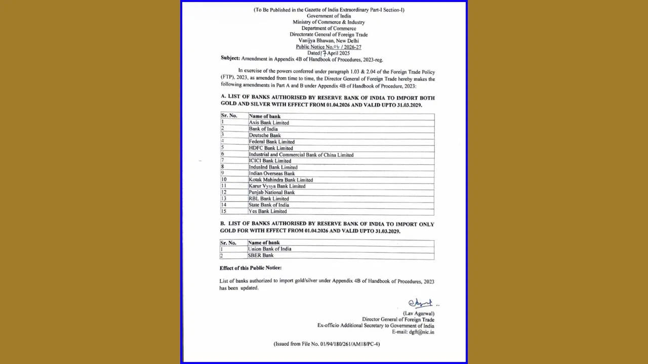  డైరెక్టరేట్ జనరల్ ఆఫ్ ఫారిన్ ట్రేడ్ (DGFT) నోటిఫికేషన్ ప్రకారం, ఆర్‌బిఐచే అధికారం పొందిన 15 బ్యాంకులు ఇకపై బంగారం, వెండి రెండింటినీ దిగుమతి చేసుకోగలవు. వీటిలో యాక్సిస్ బ్యాంక్, ఐసిఐసిఐ బ్యాంక్, హెచ్‌డిఎఫ్‌సి బ్యాంక్, ఎస్‌బిఐ, యెస్ బ్యాంక్ వంటి ప్రముఖ బ్యాంకులు ఉన్నాయి. ఇది కాకుండా, యూనియన్ బ్యాంక్ ఆఫ్ ఇండియా, ఎస్‌బిఇఆర్ బ్యాంక్‌లకు కేవలం బంగారాన్ని మాత్రమే దిగుమతి చేసుకునేందుకు అనుమతి ఇచ్చింది. 'విదేశీ వాణిజ్య విధానం 2023'లోని అపెండిక్స్ 4బి కింద ఈ సవరణ చేసింది.