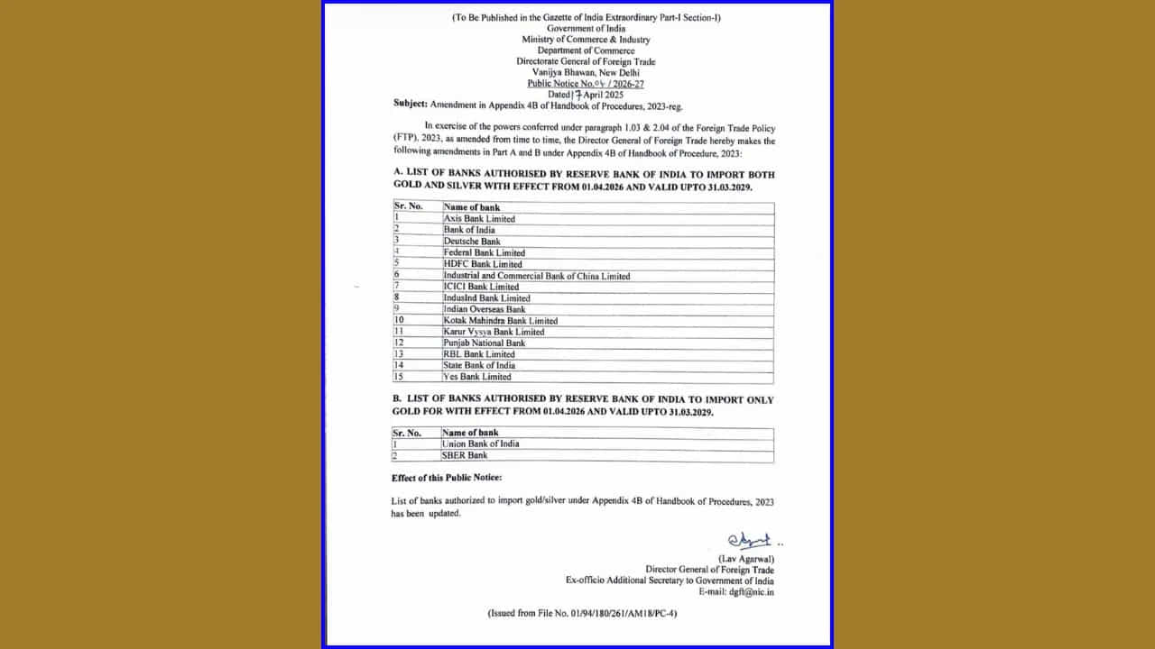  డైరెక్టరేట్ జనరల్ ఆఫ్ ఫారిన్ ట్రేడ్ (DGFT) నోటిఫికేషన్ ప్రకారం, ఆర్‌బిఐచే అధికారం పొందిన 15 బ్యాంకులు ఇకపై బంగారం, వెండి రెండింటినీ దిగుమతి చేసుకోగలవు. వీటిలో యాక్సిస్ బ్యాంక్, ఐసిఐసిఐ బ్యాంక్, హెచ్‌డిఎఫ్‌సి బ్యాంక్, ఎస్‌బిఐ, యెస్ బ్యాంక్ వంటి ప్రముఖ బ్యాంకులు ఉన్నాయి. ఇది కాకుండా, యూనియన్ బ్యాంక్ ఆఫ్ ఇండియా, ఎస్‌బిఇఆర్ బ్యాంక్‌లకు కేవలం బంగారాన్ని మాత్రమే దిగుమతి చేసుకునేందుకు అనుమతి ఇచ్చింది. 'విదేశీ వాణిజ్య విధానం 2023'లోని అపెండిక్స్ 4బి కింద ఈ సవరణ చేసింది.