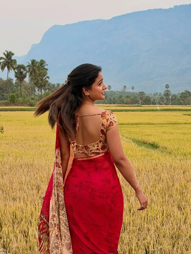 పొలం గట్ల మధ్య ముద్దుగుమ్మ.. ఎర్ర చీరలో ఎంత ముద్దుగా ఉందో..