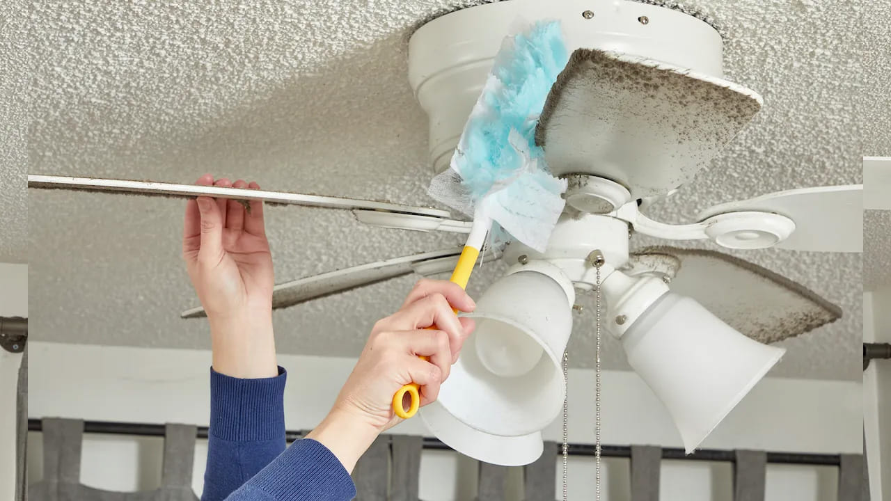 సీలింగ్ ఫ్యాన్ క్లీన్ చేయాలి అనుకుంటే, పొడవైన కర్రకు ఒక డస్టర్‌ను అమర్చి క్లీన్ చేయవచ్చును. లేకపోతే స్తంభాలకు బిగించిన మైక్రోఫైబర్ వస్త్రాలను ఉపయోగించి కూడా చాలా సురక్షితంగా మీ సీలింగ్ ఫ్యాన్ క్లీన్ చేయవచ్చును. ఇలా చేయడం వలన డస్ట్ మొత్తం పోతుంది.