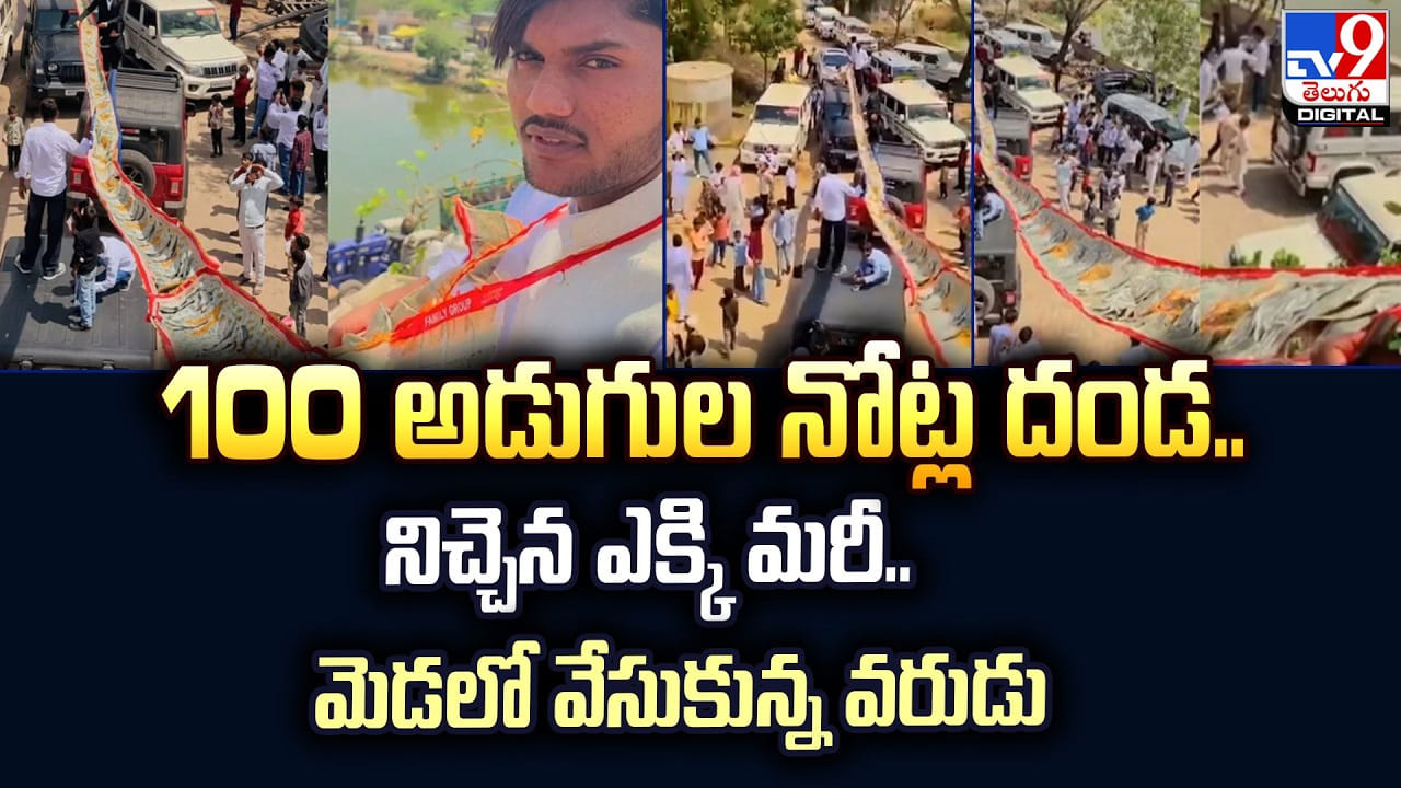 100 అడుగుల నోట్ల దండ.. నిచ్చెన ఎక్కి మరీ.. మెడలో వేసుకున్న వరుడు