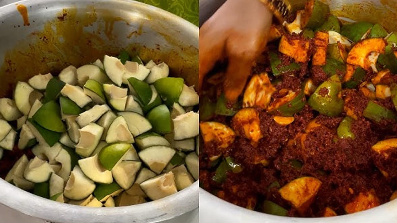 తయారీ విధానం : ముందుగా మామిడికాయలను తీసుకొని వాటిని చుక్క నీరు కూడా లేకుండా చూసి వాటిని కట్ చేసుకోవాలి. చిన్న చిన్న ముక్కలుగా కట్ చేసి, వాటికి ఉప్పు, ఆవపొడి, ధనియాల పొడి వేసి బాగా కలిసేలా చేసి పక్కన పెట్టాలి.