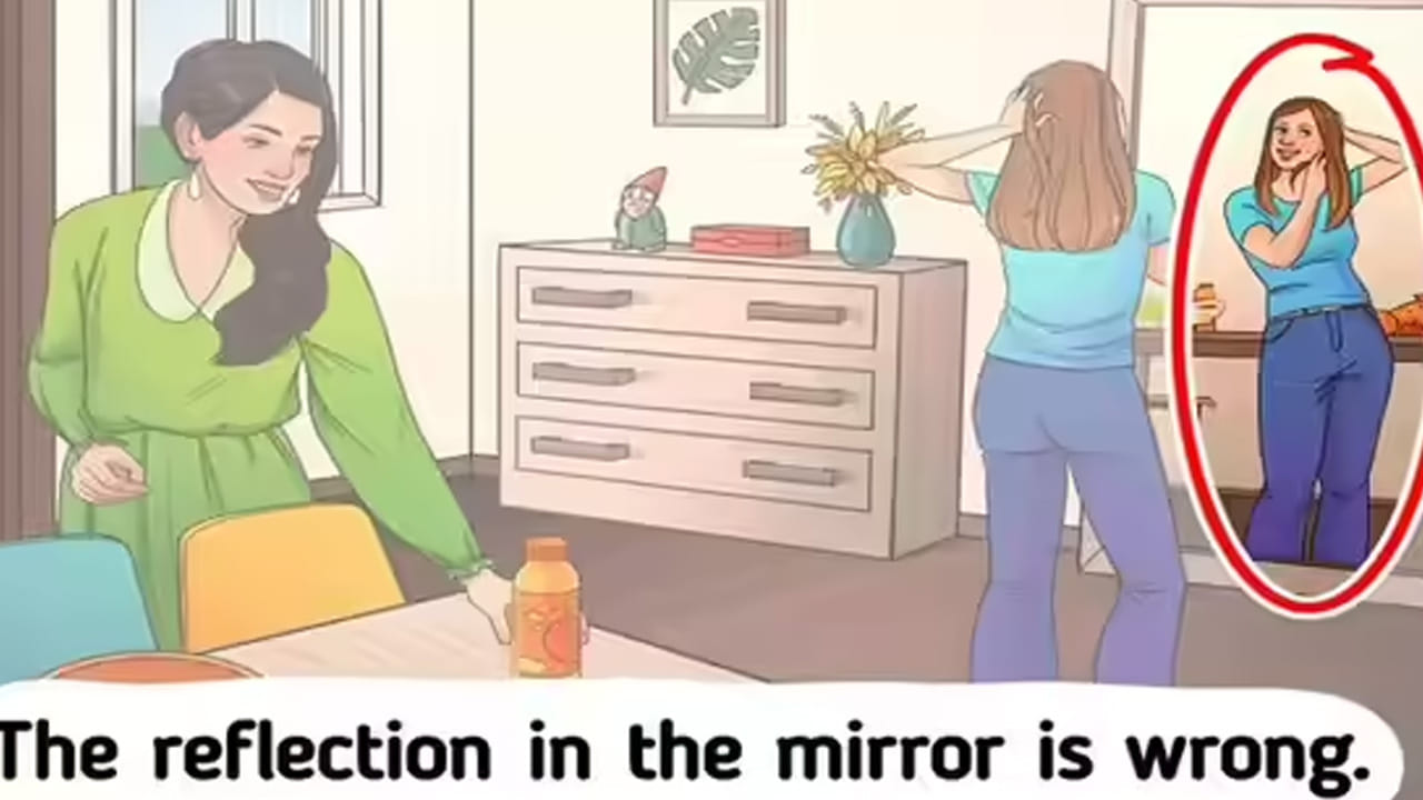 అద్దం ముందు నిల్చున్న అమ్మాయి ప్రతిబింబాన్ని జాగ్రత్తగా పరిశీలించండి. అందులో అమ్మాయి ప్రతి బింబం అనేది తప్పుగా ఉంది. ఈ ఫొటోలో ఉన్న పెద్ద పొరపాటు అందే. మీరు తెలుసుకోవాలి అంటే? జాగ్రత్తగా ఆ ప్రతిబింబాన్ని పరిశీలించండి. ఇక ఇలాంటి పజిల్స్ మానసిక ఉల్లాసాన్ని అందిస్తాయి, మానసిక ప్రశాంతతను కలిగిస్తాయి.