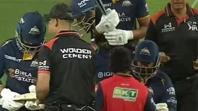 గుజరాత్ బ్యాటర్ బ్యాట్ ని స్కేలుతో కొలిచిన అంపైర్.. ఏమైందంటే ?