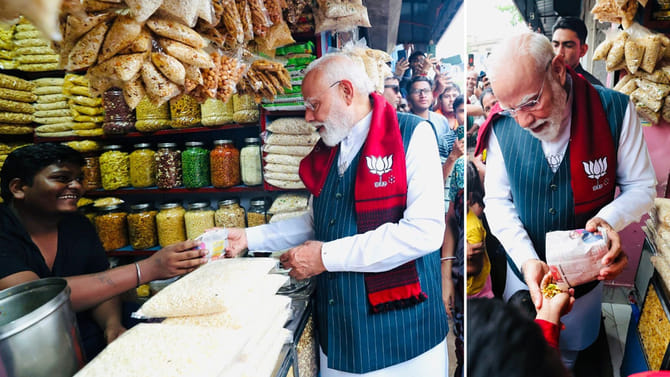 బెంగాల్‌లో ప్రచారం.. ఝల్‌మురి తింటూ ఆస్వాదించిన ప్రధాని మోదీ..