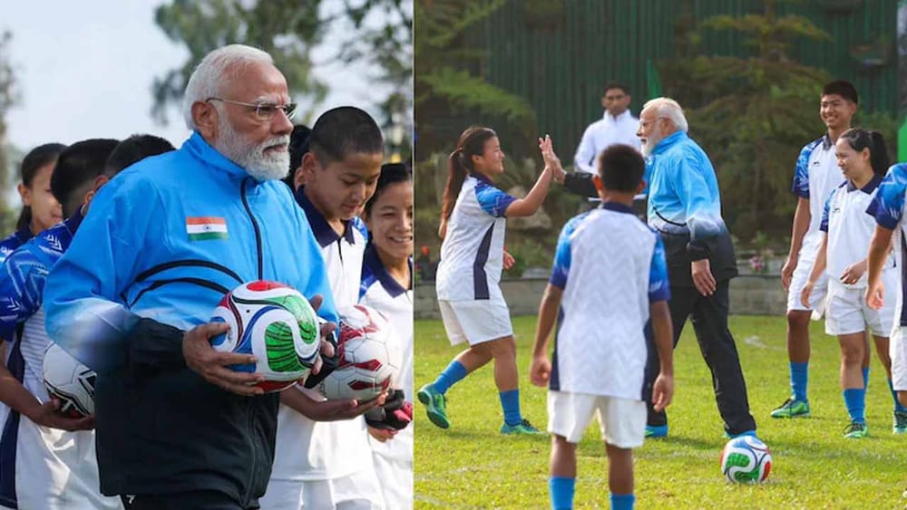 ఫుట్‌బాల్ స్పైక్స్‌తో మైదానంలోకి ప్రధాని మోదీ.. యువ మిత్రులతో ఆటపాట!