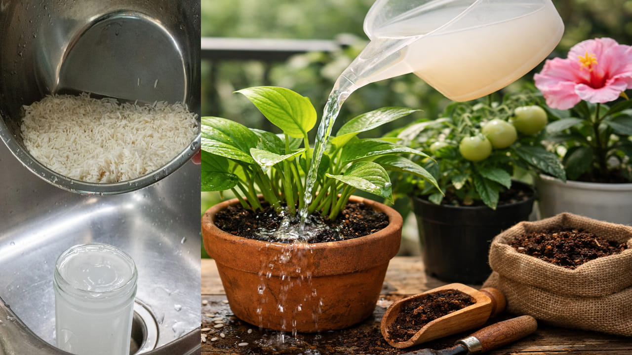 బియ్యం, పప్పు కడిగిన నీరు: మనం ప్రతిరోజూ బియ్యం లేదా పప్పులు కడిగినప్పుడు వచ్చే నీటిని పారబోయకుండా నిల్వ చేసి మొక్కలకు అందించాలి. ఈ నీటిలో ఉండే విటమిన్లు, ఖనిజాలు మట్టిలోని సూక్ష్మజీవులను వృద్ధి చేసి మొక్క ఎదుగుదలను వేగవంతం చేస్తాయి.