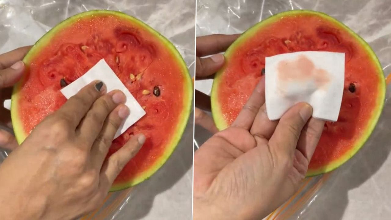 కల్తీ పుచ్చకాయను గుర్తించడం ఎలా?: పుచ్చకాయ ఎర్రగా కనిపించడానికి తరచుగా ఎరిత్రోసిన్ లేదా రెడ్-బి అనే రసాయన రంగును ఉపయోగిస్తారు. కాబట్టి మీరు కొన్న పుచ్చకాయలో రంగులు వాడారా లేదా అన్నది తెలుసుకునేందుకు కాయను రెండు ముక్కలుగా కోయండి. ఒక చిన్న తెల్లటి పత్తి ముక్కను తీసుకుని, ఎర్రగా ఉన్న గుజ్జుపై మెల్లగా రుద్దండి. పత్తి తెల్లగానే ఉంటే అది సహజంగా పండిన పండు అని ఆర్థం. ఒకవేళ పత్తి ఎర్రగా మారితే, దానికి కృత్రిమ రంగులు అద్దారని అర్థం. ఇలాంటి పండ్లను తినడం ఆరోగ్యానికి ప్రమాదకరం.