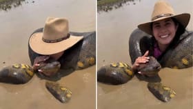 నది మధ్యలో భారీ అనకొండతో ముద్దులాటలు..!