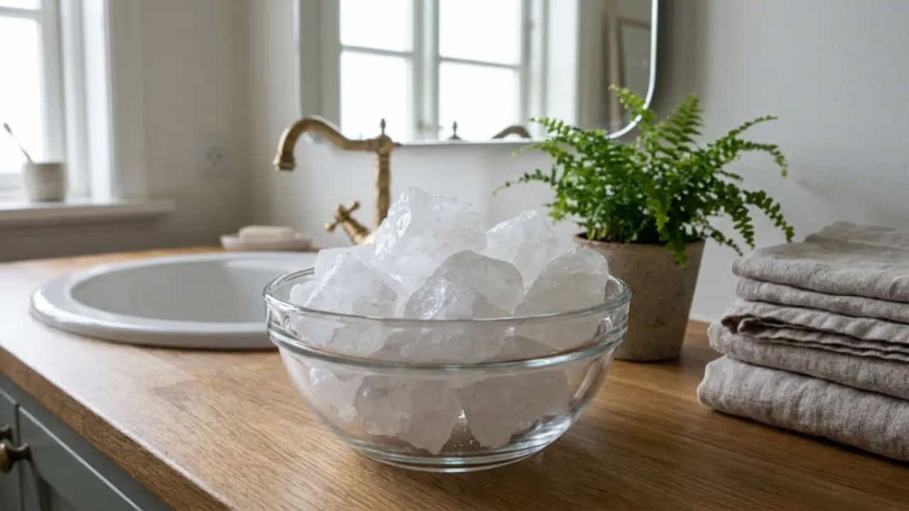 స్నానాలగది: వాస్తు ప్రకారం, స్నానాలగది, టాయిలెట్ ఇంట్లో అత్యంత ప్రతికూల శక్తికి మూలంగా పరిగణించబడతాయి.  ఎందుకంటే ఇవి రాహువు ప్రభావంలో ఉంటాయని నమ్ముతారు. స్నానాలగదిలోని ఒక సురక్షితమైన మూలలో ఒక గాజు గిన్నెను ఉంచి, అందులో కొన్ని పటిక ముక్కలను పెట్టండి.
