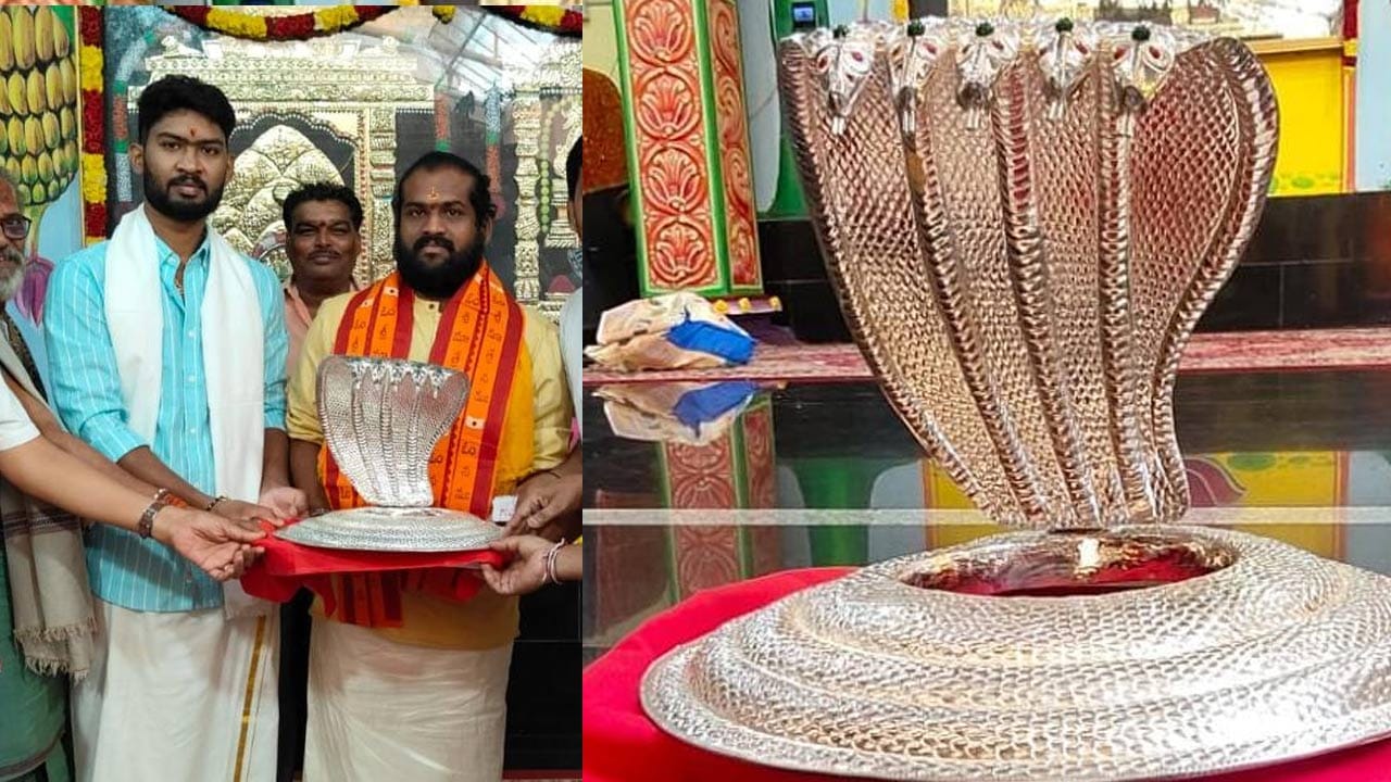 ప్రధాన అర్చకులు విజయ స్వామి,గంటి రాధాకృష్ణ, అమ్మవారి ఆలయ పర్యవేక్షకులు గంజి రవి,టెంపుల్ ఇన్స్పెక్టర్  మల్లికార్జున,ప్రధానార్చకుడు సమక్షంలో విరాళంగా అందించారు. నాగాభరణాన్ని అందజేసిన దాతకు దేవస్థానం రసీదు వేదఆశీర్వచనం శ్రీస్వామి అమ్మవారి శేషవస్త్రాలు ప్రసాదాలతో దాతను టెంపుల్ గంజి రవి,కే మల్లికార్జున  సత్కరించారు.

