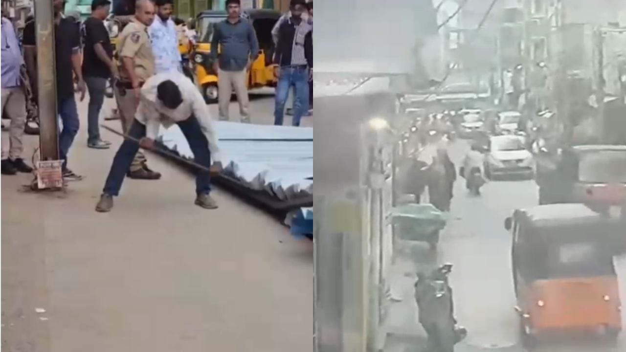 Hyderabad: రోడ్డుపై వెళ్తుండగా బైకర్పై కూలిన రేకుల షెడ్డు.. ఇదిగో వీడియో