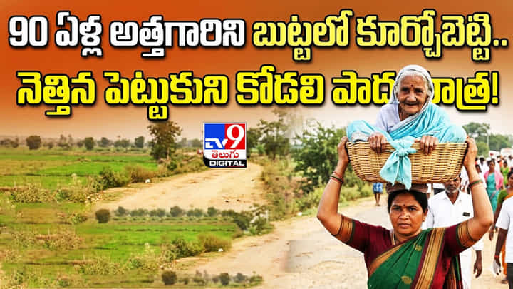 90 ఏళ్ల అత్తగారిని బుట్టలో కూర్చోబెట్టి.. నెత్తిన పెట్టుకుని కోడలి పాదయాత్ర! 90 ఏళ్ల అత్తగారిని బుట్టలో కూర్చోబెట్టి.. నెత్తిన పెట్టుకుని కోడలి పాదయాత్ర!