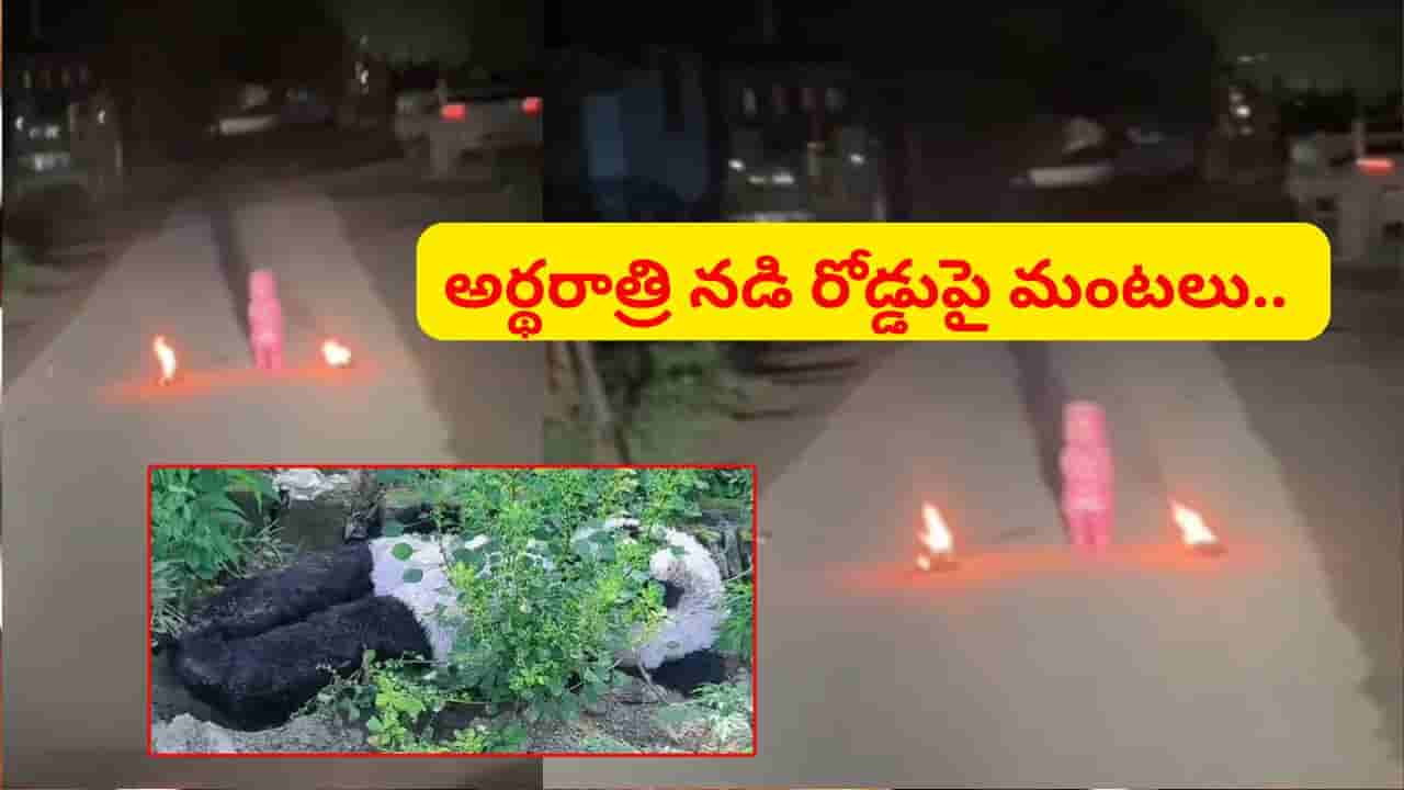 అర్థరాత్రి నడిరోడ్డుపై మంటలు.. దగ్గరికెళ్లి చూసి జనం పరుగో పరుగు.. వీడియో