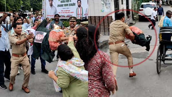 Viral Video: లక్నోలో నిరసనల్లో నాటకీయ పరిణామం.. దిష్టిబొమ్మ తీసుకుని పోలీస్ పరుగో పరుగు..!