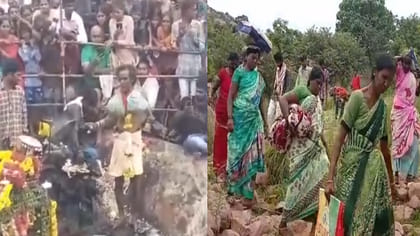 నూనెతో జారే రాళ్లపై పూనకంతో దిగే పూజారి.. గంప మల్లయ్య స్వామి పూజ