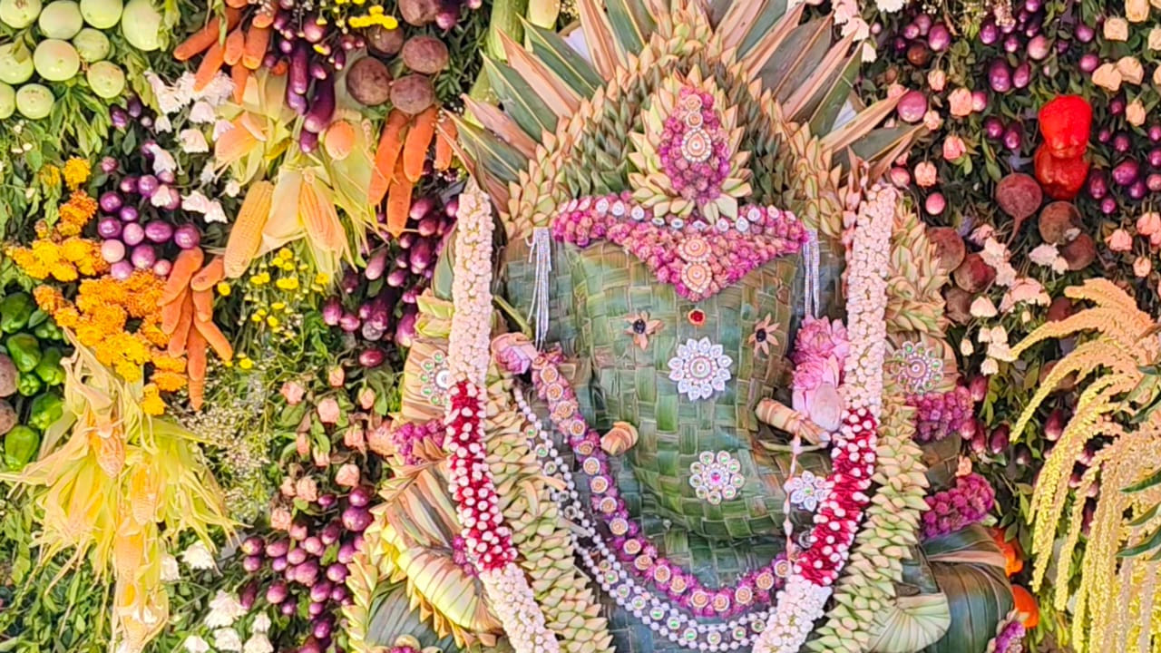 వృథా కాకుండా పేదలకు పంపిణీ..వినాయక చవితి పూజలు ముగిసిన అనంతరం నిమజ్జన కార్యక్రమాన్ని సంప్రదాయబద్ధంగా నిర్వహించనున్నారు. అదే సమయంలో మండప అలంకరణకు వినియోగించిన 500 కిలోల కూరగాయలు, పండ్లను ఏమాత్రం వృథా చేయకుండా స్థానిక నిరుపేదలకు పంపిణీ చేయనున్నట్లు నిర్వాహకులు వెల్లడించారు. భక్తితోభక్తితో పాటు సామాజిక స్పృహను, సేవాభావాన్ని చాటుతున్న ఈ వినూత్న ‘ఎకో ఫ్రెండ్లీ’ ప్రయత్నాన్ని స్థానికులు, భక్తులు వేనోళ్ల కొనియాడుతున్నారు.