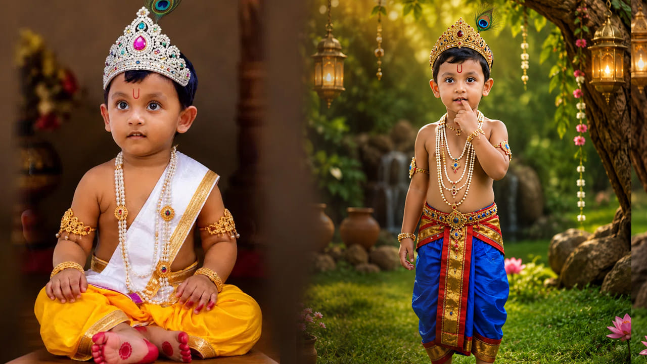మీ చిన్నారిని కృష్ణుడిగా రెడీ చేయాలి అనుకుంటే, ముందుగా వారికి వేసే బట్టలను జాగ్రత్తగా ఎంచుకోవాలి. అవి వారికి సౌకర్యవతంగా, అందంగా కనిపించేలా ఉండాలి. వదులుగా ఉండే బట్టలను ఎంచుకోకూడదు. ముఖ్యంగా శ్రీకృష్ణుడికి పసుపు రంగు బట్టలు చాలా ఇష్టం అని నమ్ముతారు కాబట్టి, వాటిని ఎంచుకోవడం మంచిది. లేదా ధోతి , కుర్తా ఉపయోగించినా మంచి లుక్ కనిపిస్తుంది.
